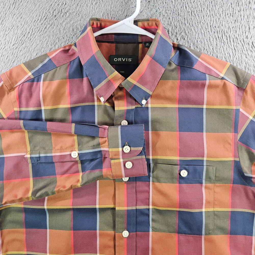 Orvis Mens Medium Tall Plaid Button Down Shirt Long Sleeve Stretch Cotton